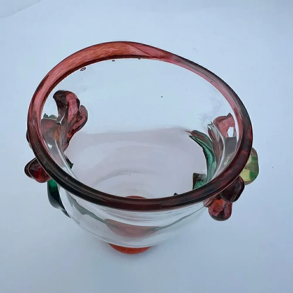 Hand Blown‎ Vase Applied Flowers Green Orange 10.5 in Long